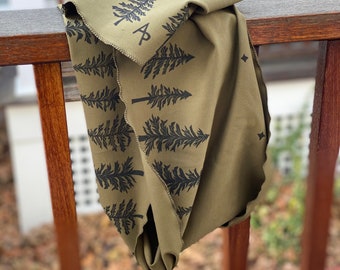 Treeline Scarf - Block Printed - Sage Green - Black Ink - Double Knit Ponte Fabric