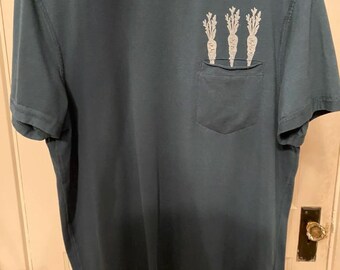 Carrot Top Pocket Tee - Size M Masc - Upcycled Tee -  Teal Tee with White Block Print - READY to SHIP