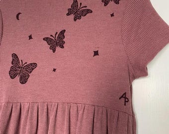 Faerie Garden Babydoll Dress - Size Large Femme - Upcycled Wild Fable Dress - Mauve with Deep Purple Block Print - READY to SHIP