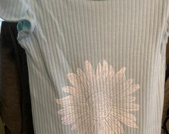 Flower Belly Onesie - 6 month size - Short Sleeve Cotton Ribbed Ruffle Onesie - Light Teal Onesie with White Block Print - READY TO SHIP