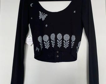 Faerie Garden Long Sleeve Button Up Crop - Size L Femme - Upcycled Button Long Sleeve Shirt - Black with White Block Print - READY to SHIP