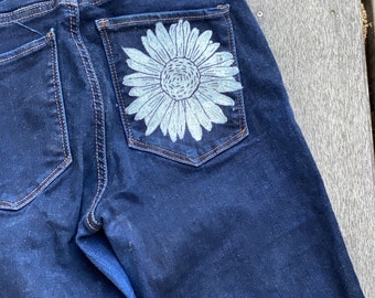 Daisy Booty Jeans - READY TO SHIP - Upcycled Gap Jeans - Women’s Size 28 - Dark Blue Wash - Daisy Block Print