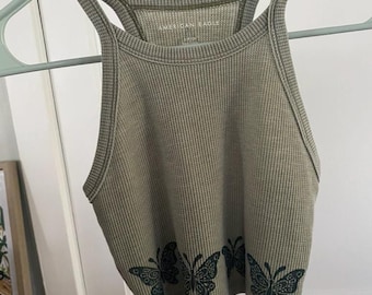 Butterfly Cropped Tank - Size XS Femme - Upcycled Cropped Tank Top - Sage with Dark Green Block Print - READY to SHIP