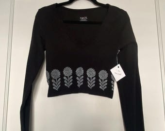 Faerie Garden Cropped Long Sleeve Shirt - Size L Femme - Upcycled Cropped Long Sleeve Shirt - Black with White Block Print - READY to SHIP