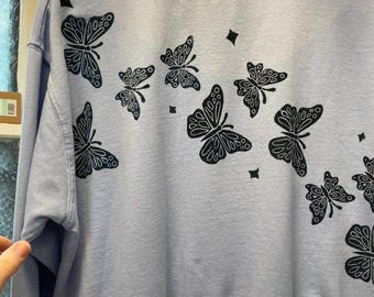 Faerie Garden Cropped Sweatshirt - Size S Femme - Upcycled Sweatshirt - Sky Blue with Navy Block Print - READY to SHIP