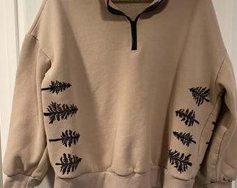 Treeline Sweatshirt - Size S Femme - Upcycled Quarter Zip Sweatshirt - Sand Sweatshirt with Black Block Print - READY to SHIP