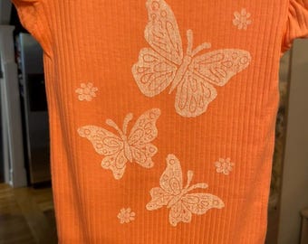 Baby Butterfly Onesie - 6 month size - Short Sleeve Cotton Ribbed Ruffle Onesie - Peachy Pink Onesie with White Block Print - READY TO SHIP