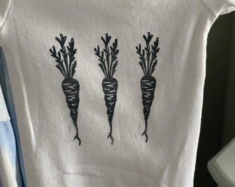 Baby Carrot Onesie - 3 month size - Short Sleeve Cotton Onesie - White Onesie with Navy Block Print - READY TO SHIP