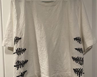 Treeline Tee - Size XL Femme - Upcycled Maeve "Mom Crop" Top - White with Black Block Print - READY to SHIP