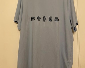 Your Favorite Board Game Resources Tee - Light Blue Shirt with Navy Block Print - Thrifted Tee - READY TO SHIP