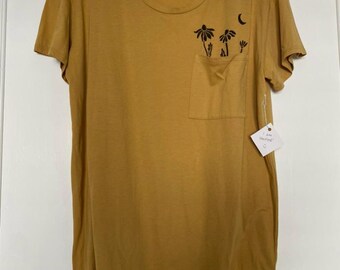 Moon Flower Pocket Tee - Size Extra Large - Short Sleeve Tshirt - Marigold Tee with Black Block Print - READY TO SHIP