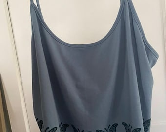 Butterflies Cropped Button Up Top - Size 2XL Femme - Upcycled Cropped Tank - Pale Blue Top with Navy Block Print - READY to SHIP