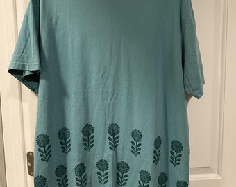 Sunflowers  Tee - Size L Gender Neutral - Upcycled Comfort Colors Tee - Aqua Tee with Teal Block Print - READY to SHIP