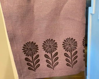 Daisy Tea Towel - Printed Tea Towel - Dusty Lavender Linen - Linen Tea Towel