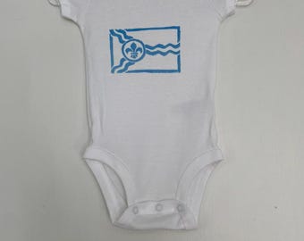 St. Louis Flag Onesie - 6 month size - Short Sleeve Cotton Onesie - White or Light Blue Onesie with White Block Print - READY TO SHIP