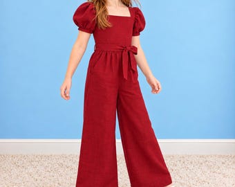 Girls Linen Jumpsuit with Puff Sleeves and Pockets, Handmade Wide Leg Outfit for Birthday and Summer