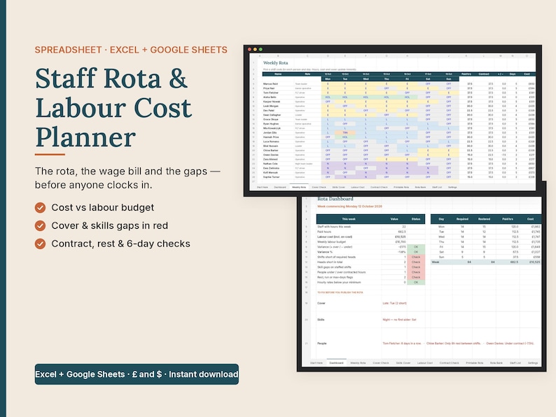 Employee Daily Rota Staff Rota Template Excel Google Sheets | Shift Rota Planner With ...