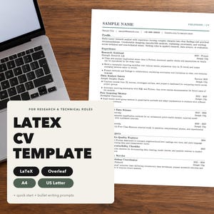 May include: A LaTeX CV template document featuring a beige square overlay with black text reading FOR RESEARCH & TECHNICAL ROLES, LATEX CV TEMPLATE, LaTeX, Overleaf, A4, US Letter, and quick start + bullet writing prompts.
