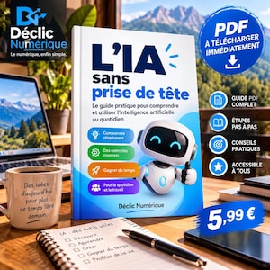 Peut inclure: Un livre intitulé L'IA sans prise de tête avec une illustration de robot blanc, un ordinateur portable, une tasse avec du texte français et un carnet avec un stylo. La couverture inclut des icônes pour l'apprentissage et l'usage quotidien.
