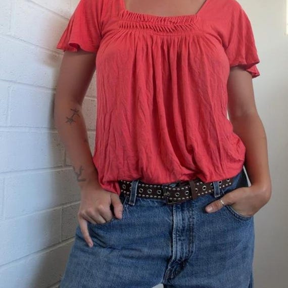 Banana Republic, Banana Republic Vintage Coral Red Ruffle Sleeve Blouse Square Neck Top S