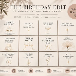 May include: A set of twelve beige birthday cards with gold-toned illustrations and black text. The cards feature various phrases including Happy Birthday, Cheers To You, and Still A Masterpiece, alongside icons like cakes, champagne glasses, and stars.