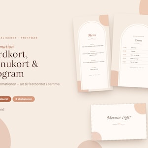 May include: A set of printed stationery including a menu card, a program card, and a place card, all featuring a beige background with an arched frame design and dark brown text. The text includes words like Menu, Emma, and Mormor Inger.