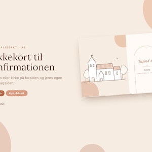 May include: A rectangular thank you card featuring a line drawing of a church on a light beige background. The card includes the text Tusind tak, Emma, and Lørdag den 12. juni 2021. The design is presented on a soft peach-colored backdrop.