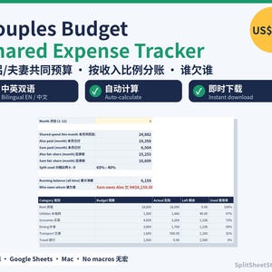 Arkusz kalkulacyjny budżetu dla par, śledzenie wspólnych wydatków w Excelu i Arkuszach Google, dzielenie rachunków według dochodów, wspólny planer finansowy, dwujęzyczny chiński