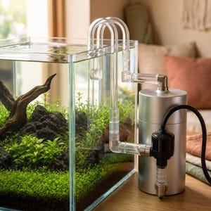 Aluminum Nano Canister Filter for Planted Tank, Quiet External Aquarium Filter Kit with Clear Pipes & Bio Media, Small or Large Flow Control
