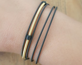 Guitar String Bracelets-Metal Coiled Beads Bracelet- Set 5 Spring Strings Black Gold - Black Wire Beaded Guitar Stainelss Steel Bracelets