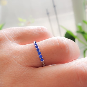 Sterling Silver Blue Sapphire Half Eternity Band Ring,Thin Sapphire Ring,Silver Blue Stone Ring,Sapphire Blue CZ Skinny Ring