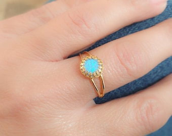 Gold Ring Light Blue Opal - Opal Ring - Opal jewelry - Gold Filled Double Band Ring Blue Opal Stone - Gold Gemstone Ring