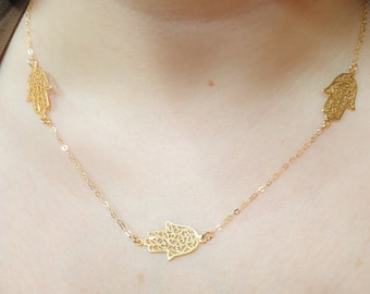 Naszyjnik Hamsa, potrójny naszyjnik Hamsa, srebro próby 925 wypełnione złotem, delikatne zawieszki Hamsa w kształcie dłoni, boczne