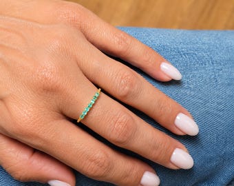 Aqua Gold Ring, Thin Gold Band Ring, Dainty Turquoise Ring, Minimalist Stacking Ring, Delicate Aqua Stone Ring, Everyday Gold Jewelry