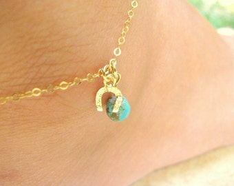 Turquoise ankle bracelet Horseshoe anklet Gold thin delicate anklet foot jewelry beach