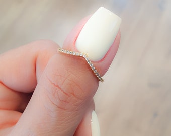 Gold CZ Ring,Tiny Clear CZ Diamond V Gold Vermeil Ring, Diamonds Chevron Ring,Half Eternity Chevron ring,Thin Chevron Curved Ring