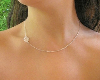 Hamsa necklace Sterling silver 925 Dainty Sideways charm feminine simple everyday jewelry