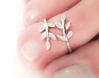 Mother Day - Toe Ring Adjustable Sterling Silver 925 Tiny CZ Diamonds Leaf Adjustable Silver Toe Ring Dainty Midi Ring