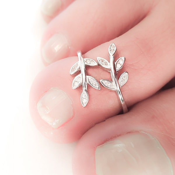 Mother Day - Toe Ring Adjustable Sterling Silver 925 Tiny CZ Diamonds Leaf Adjustable Silver Toe Ring Dainty Midi Ring