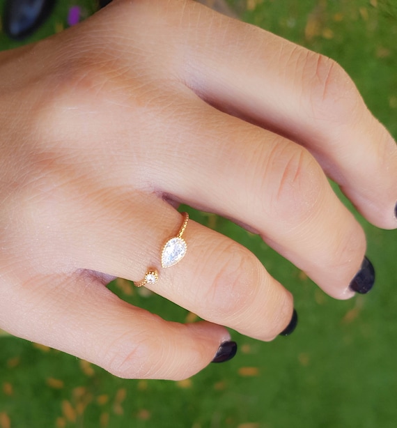 Mint color ring druzy crystal Gold Teardrop ring Dainty green stone clear crystal teardrop open ring