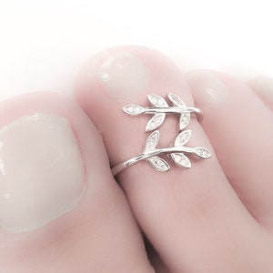 Mother Day Toe Ring Adjustable Sterling Silver 925 Tiny CZ Diamonds Leaf Adjustable Silver Toe Ring Dainty Midi Ring image 3