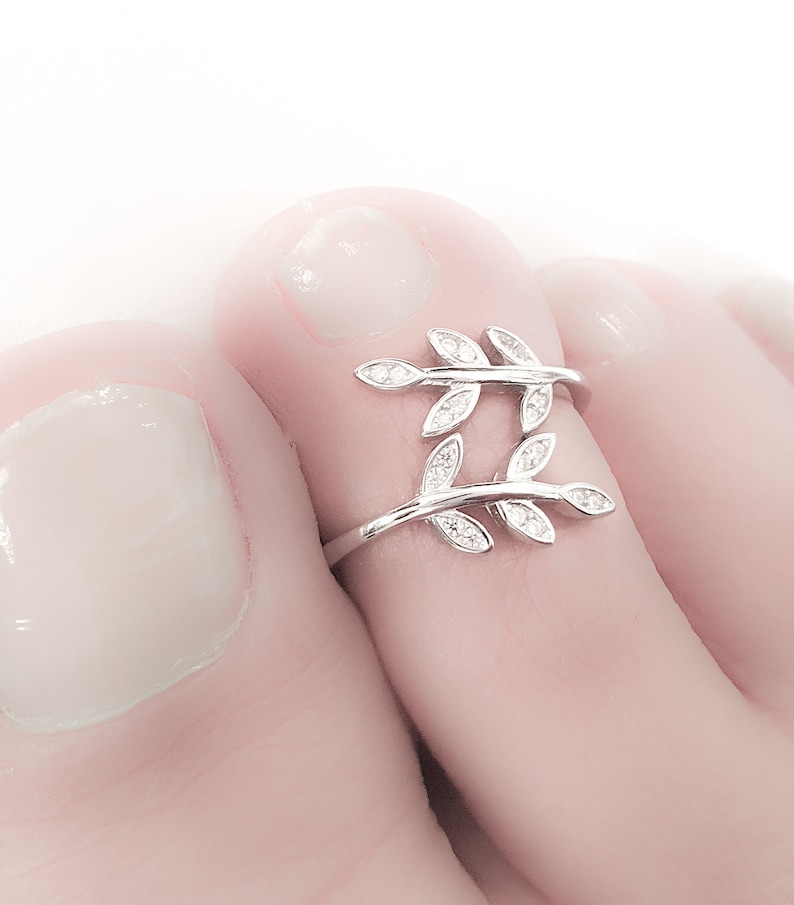 Mother Day Toe Ring Adjustable Sterling Silver 925 Tiny CZ Diamonds Leaf Adjustable Silver Toe Ring Dainty Midi Ring image 3