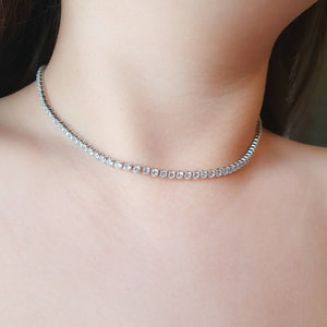 Tennis Necklace, Diamond Necklace, Diamond Tennis Choker Necklace, 3mm Diamonds Necklace, Silver Tennis Necklace Chain Men Women