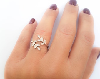 leaf ring silver laurel rings for girls nature branch ring cuff ring