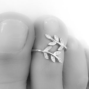 Mother Day Toe Ring Adjustable Sterling Silver 925 Tiny CZ Diamonds Leaf Adjustable Silver Toe Ring Dainty Midi Ring image 4