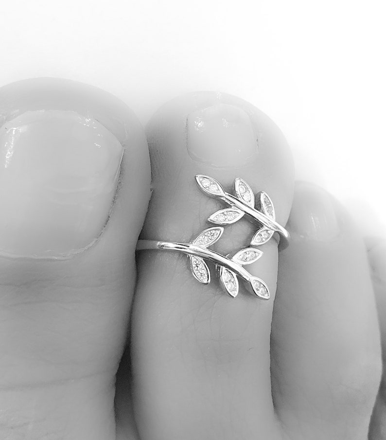 Mother Day Toe Ring Adjustable Sterling Silver 925 Tiny CZ Diamonds Leaf Adjustable Silver Toe Ring Dainty Midi Ring image 4