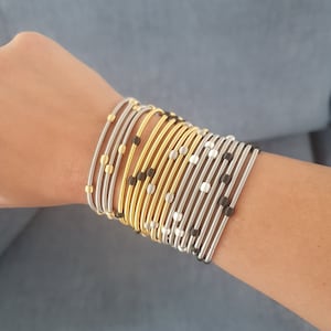 Beaded Guitar String Bracelets - Flexible Set 4 Wire Beaded Stainless Steel Spring Bracelets - Thin Bracelets Set Stack - Coiled Bracelets