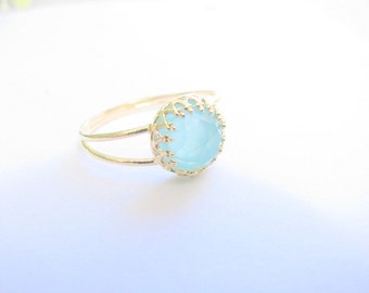 Mother Day - Ocean quartz gold ring stackable light blue vintage turquoise ring bridal jewelry