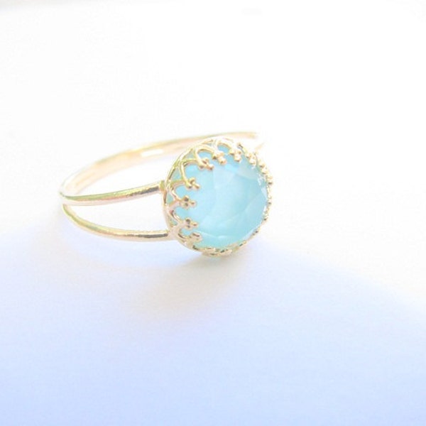 Mother Day - Ocean quartz gold ring stackable light blue vintage turquoise ring bridal jewelry