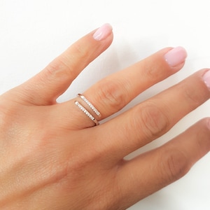 Silver Ring Cuff Wrap Double Band Tiny Diamonds Sterling Silver 925 Clear Cubic Zirconia Adjustable Ring Open Bar Ring